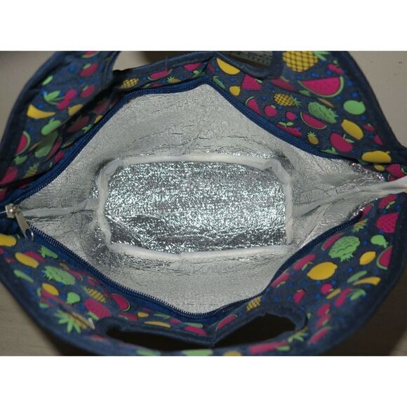 Lily McGee Gourmet Fabric Lunch Tote Bag FRUIT Blue Insulated $52 - Picture 5 of 6